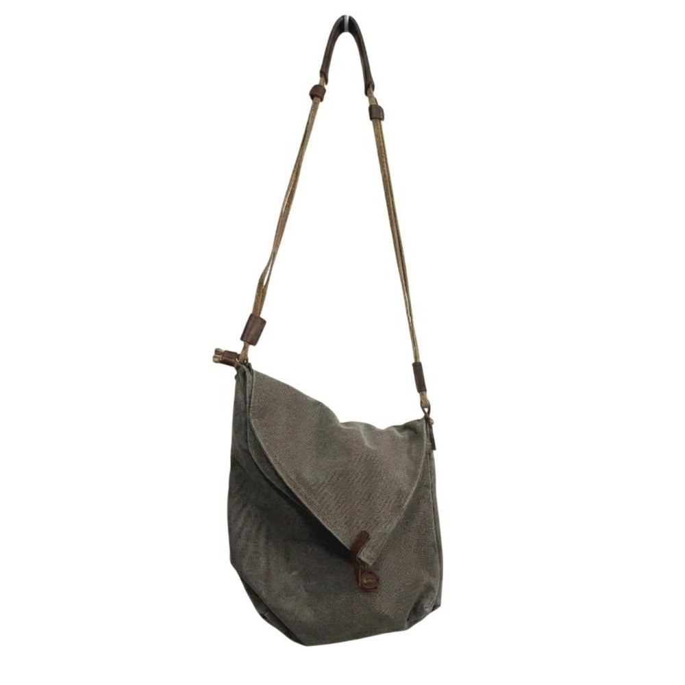 Gray Canvas Messenger Crossbody Bag Leather Trim Slouchy Hobo Satchel Unisex